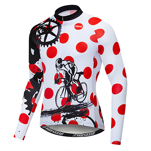 

21Grams Polka Dot Novelty Gear Men's Long Sleeve Cycling Jersey - Red and White Bike Jersey Top UV Resistant Breathable Moisture Wicking Sports Winter Fleece Polyester Elastane Mountain Bike MTB Road