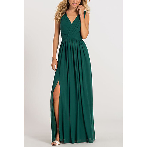 

A-Line Elegant Formal Evening Dress V Neck Sleeveless Floor Length Chiffon with Pleats Split Front 2021