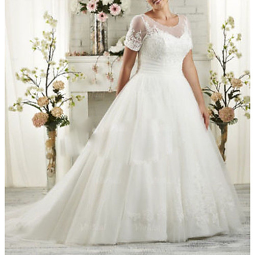 

A-Line Wedding Dresses Scoop Neck Sweep / Brush Train Lace Short Sleeve with 2020