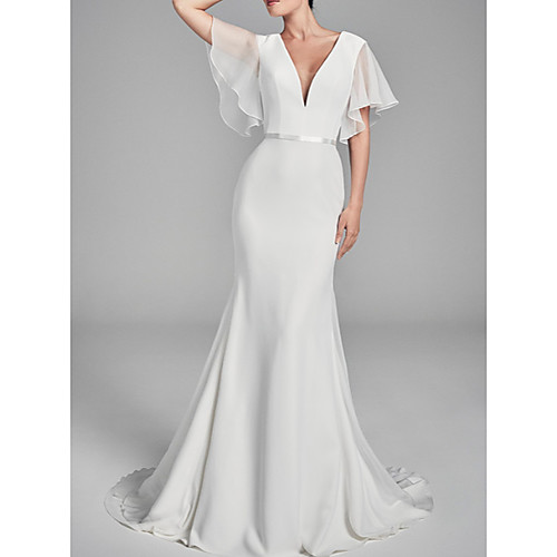 

Mermaid / Trumpet Wedding Dresses V Neck Sweep / Brush Train Chiffon Charmeuse Short Sleeve with Draping 2020