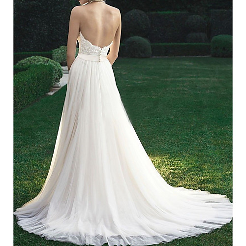 

A-Line Wedding Dresses Strapless Sweep / Brush Train Tulle Regular Straps with Appliques 2020