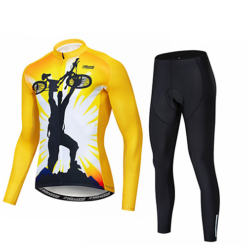 

21Grams Retro Novelty Men's Long Sleeve Cycling Jersey with Tights - Black / Yellow Bike Clothing Suit UV Resistant Breathable Quick Dry Sports Winter Elastane Terylene Polyester Taffeta Mountain