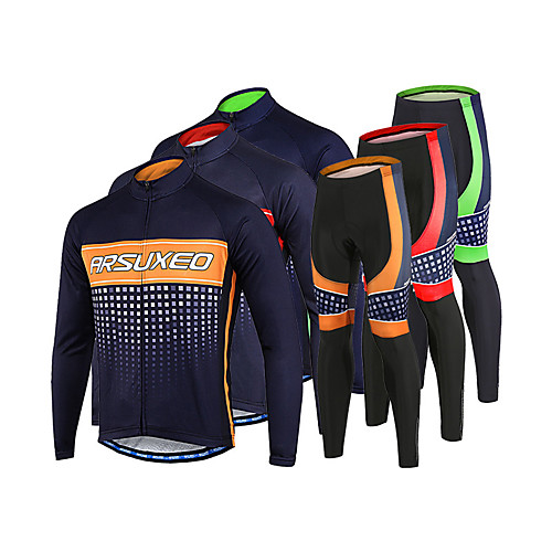 

Arsuxeo Men's Long Sleeve Cycling Jersey with Tights Summer Winter Spandex Polyester Black / Red Black / Yellow Black / Green Plaid Checkered Bike Clothing Suit Thermal Warm Breathable 3D Pad Quick