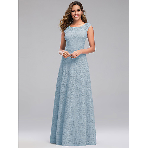 

A-Line Jewel Neck Floor Length Spandex / Lace / Polyester Bridesmaid Dress with Lace
