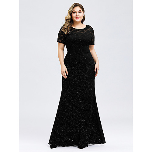 

Mermaid / Trumpet Mother of the Bride Dress Plus Size Jewel Neck Floor Length Nylon Spandex Lace Short Sleeve with Lace 2021
