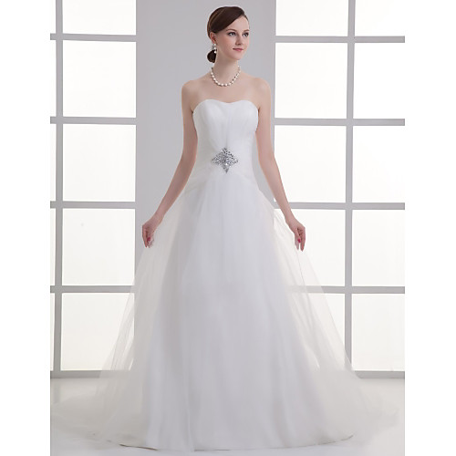 

A-Line Wedding Dresses Sweetheart Neckline Chapel Train Lace Satin Strapless with Ruched Beading Draping 2021