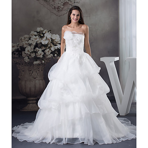 

A-Line Wedding Dresses Strapless Chapel Train Organza Satin Strapless with Pick Up Skirt 2021