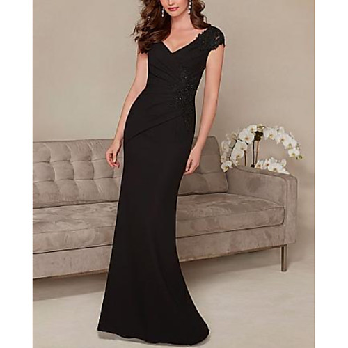 

Sheath / Column Elegant Formal Evening Dress Plunging Neck Short Sleeve Sweep / Brush Train Jersey with Lace Insert Appliques 2021