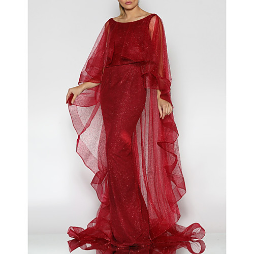 

Mermaid / Trumpet Elegant Formal Evening Dress Boat Neck Long Sleeve Sweep / Brush Train Tulle with Ruffles 2021