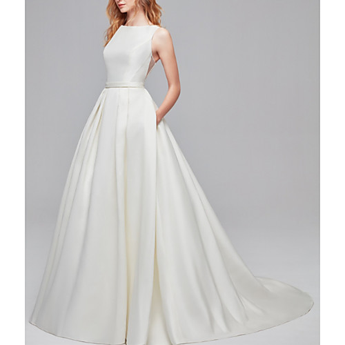 

A-Line Wedding Dresses Jewel Neck Court Train Satin Regular Straps Simple Backless Elegant with Buttons 2021