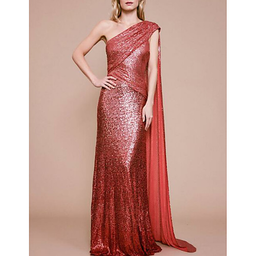 

Sheath / Column Sparkle Engagement Formal Evening Dress One Shoulder Sleeveless Sweep / Brush Train Sequined with Ruched Sequin Draping 2021