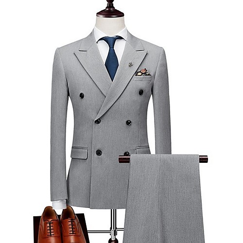 

Black / Light Grey Solid Colored Tailored Fit Polyester Suit - Peak Double Breasted Two-buttons