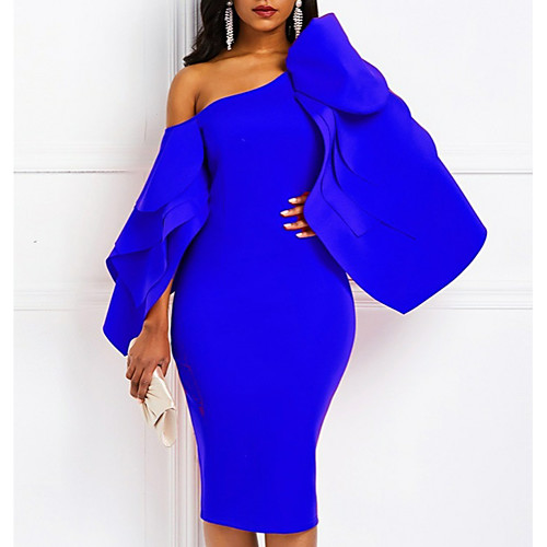 

Sheath / Column Sexy Blue Cocktail Party Formal Evening Dress One Shoulder Long Sleeve Knee Length Satin with Draping 2020