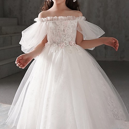 

Ball Gown Ankle Length First Communion Flower Girl Dresses - Polyester Half Sleeve Off Shoulder with Appliques