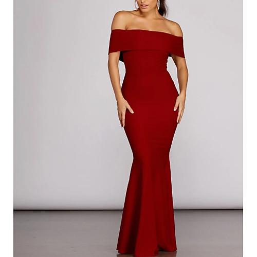 

Mermaid / Trumpet Mother of the Bride Dress Elegant & Luxurious Off Shoulder Floor Length Polyester Short Sleeve with Pleats 2021