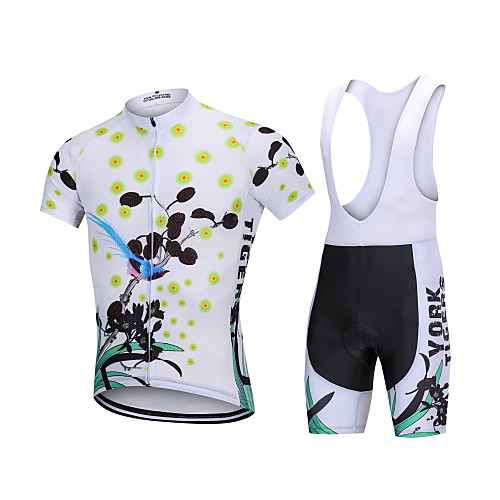 

YORK TIGERS Men's Short Sleeve Cycling Jersey with Bib Shorts - Kid's Silicone Elastane Lycra White Floral Botanical Bike Bib Shorts Jersey Clothing Suit Breathable 3D Pad Quick Dry Reflective Strips