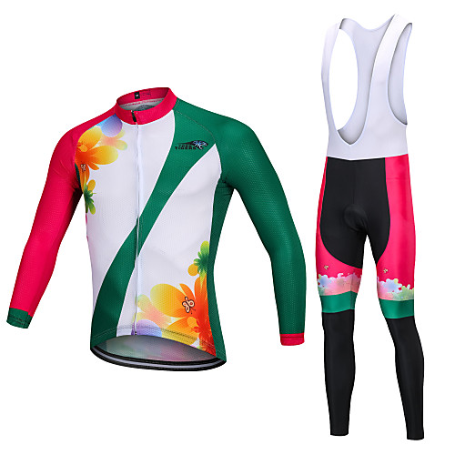 

YORK TIGERS Men's Long Sleeve Cycling Jersey with Bib Tights Winter Fleece Silicone Elastane White Green Floral Botanical Bike Jersey Bib Tights Thermal / Warm Breathable 3D Pad Quick Dry Reflective