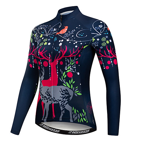 

21Grams Floral Botanical Deer Women's Long Sleeve Cycling Jersey - Fuchsia Bike Jersey Top UV Resistant Breathable Quick Dry Sports Winter Elastane Terylene Polyester Taffeta Mountain Bike MTB Road