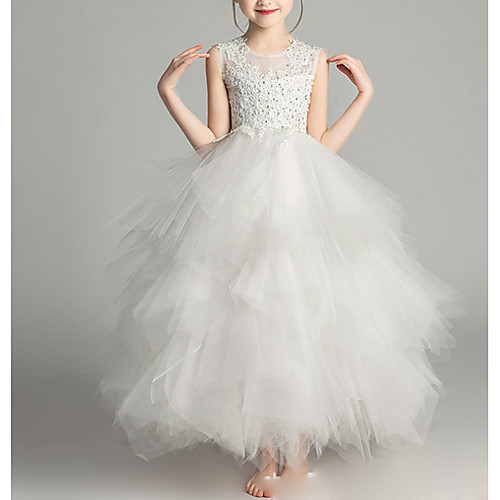 

Ball Gown Floor Length First Communion Flower Girl Dresses - Chiffon Sleeveless Jewel Neck with Tier / Crystals / Rhinestones