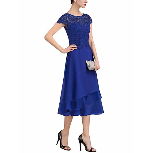 

A-Line Mother of the Bride Dress Plus Size Jewel Neck Tea Length Chiffon Lace Short Sleeve with Tier 2021