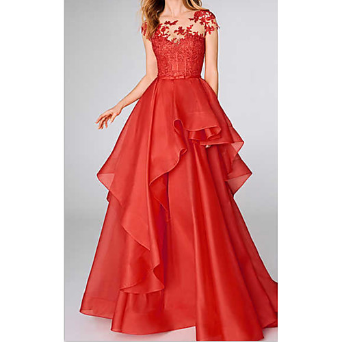 

A-Line Elegant Prom Formal Evening Dress Jewel Neck Sleeveless Sweep / Brush Train Stretch Satin Polyester with Pleats Cascading Ruffles 2021
