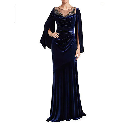 

Sheath / Column Elegant Formal Evening Dress Jewel Neck Long Sleeve Sweep / Brush Train Velvet with Ruched Appliques 2021