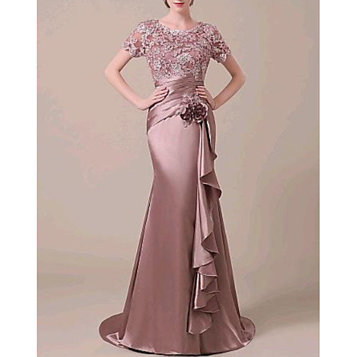 

Mermaid / Trumpet Elegant Formal Evening Dress Jewel Neck Short Sleeve Sweep / Brush Train Lace Satin with Ruched Ruffles Appliques 2021