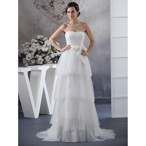 

A-Line Wedding Dresses Strapless Sweep / Brush Train Satin Tulle Strapless with Sashes / Ribbons Ruched Cascading Ruffles 2021