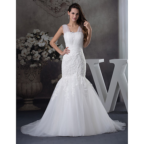 

Mermaid / Trumpet Wedding Dresses Scoop Neck Chapel Train Lace Tulle Regular Straps with Beading Appliques 2021