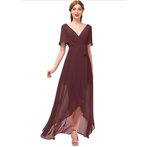 

A-Line Plunging Neck Asymmetrical Chiffon Bridesmaid Dress with Bow(s) / Ruching