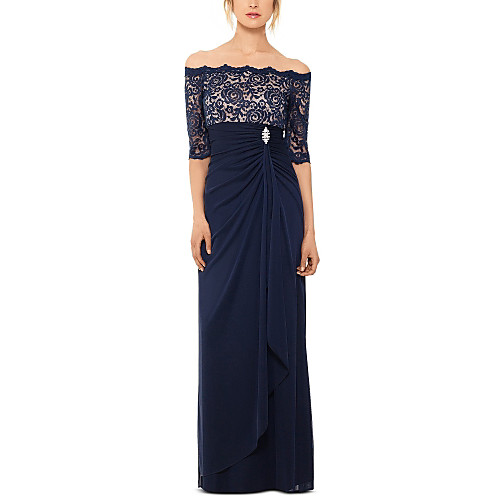 

Sheath / Column Elegant Prom Formal Evening Dress Off Shoulder Half Sleeve Floor Length Chiffon with Ruched Lace Insert Crystal Brooch 2021