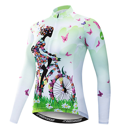 

21Grams Floral Botanical Women's Long Sleeve Cycling Jersey - Green Bike Jersey Top UV Resistant Breathable Moisture Wicking Sports Winter Fleece Polyester Elastane Mountain Bike MTB Road Bike Cycling