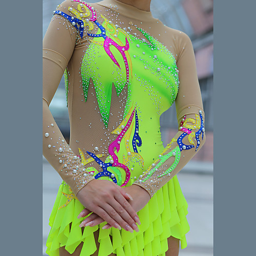 

21Grams Rhythmic Gymnastics Leotards Artistic Gymnastics Leotards Women's Girls' Leotard Yellow Spandex High Elasticity Handmade Jeweled Diamond Look Long Sleeve Competition Dance Rhythmic Gymnastics