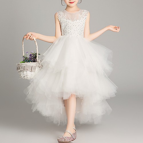 

A-Line Asymmetrical Pageant Flower Girl Dresses - Tulle Sleeveless Jewel Neck with Tier / Appliques / Crystals / Rhinestones