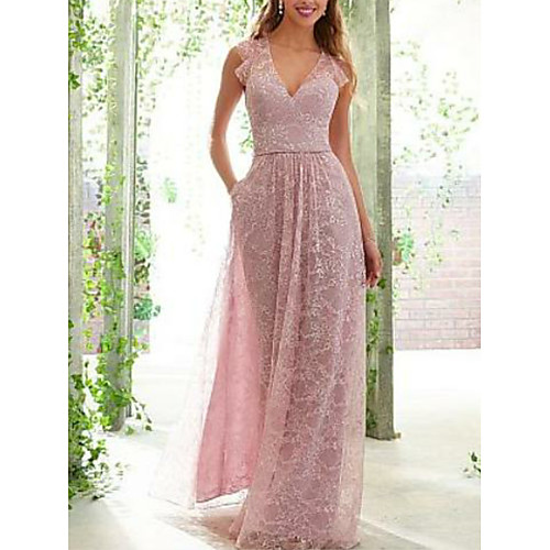 

A-Line Plunging Neck Floor Length Lace / Satin Bridesmaid Dress with Ruching