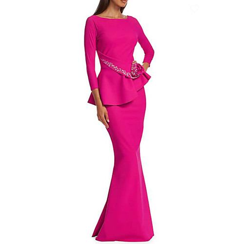 

Sheath / Column Elegant Formal Evening Dress Jewel Neck 3/4 Length Sleeve Floor Length Jersey with Beading Appliques 2021