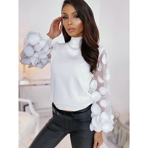 

Women's Blouse Shirt Solid Colored Long Sleeve Mesh Round Neck Tops Basic Basic Top White Black