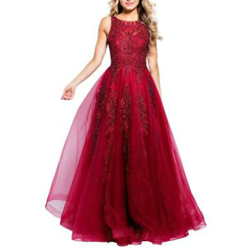 

A-Line Elegant Prom Formal Evening Dress Jewel Neck Sleeveless Floor Length Lace Tulle with Sequin Lace Insert 2021