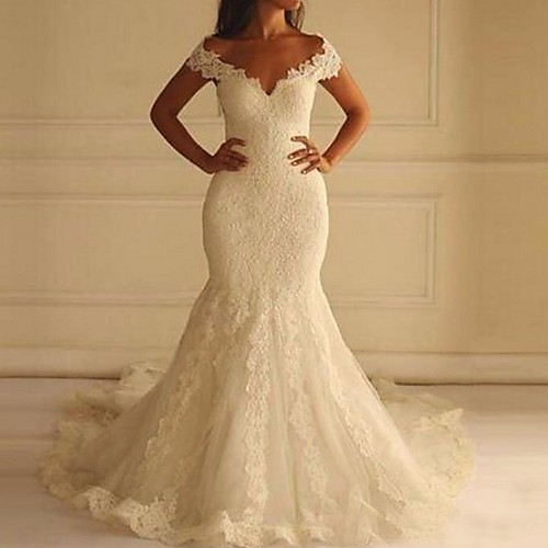 

Mermaid / Trumpet Wedding Dresses Off Shoulder Court Train Lace Short Sleeve Sexy Illusion Detail Backless with 2020