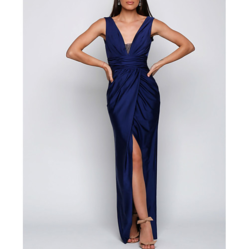 

Sheath / Column Elegant Formal Evening Dress Plunging Neck Sleeveless Floor Length Satin with Ruched Split Front 2021