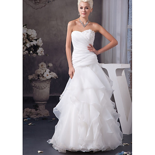 

A-Line Wedding Dresses Sweetheart Neckline Floor Length Lace Organza Satin Strapless with Ruched Appliques Cascading Ruffles 2021