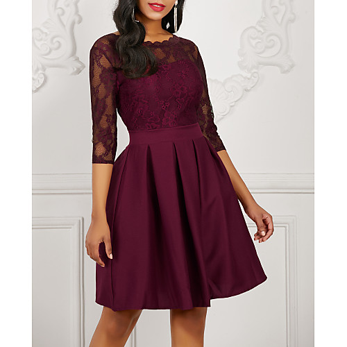 

Women's Skater Knee Length Dress - 3/4 Length Sleeve Solid Colored Lace Patchwork Basic Elegant White Black Wine Green Royal Blue S M L XL XXL 3XL