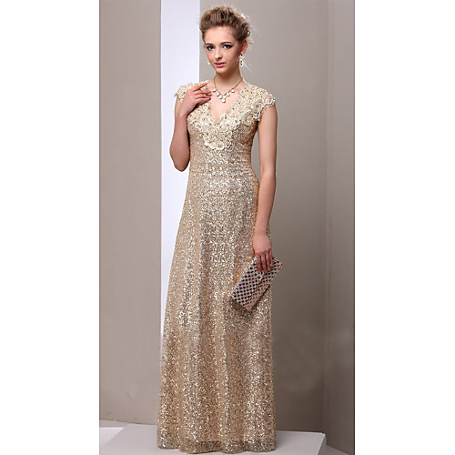 

Sheath / Column Mother of the Bride Dress Sparkle & Shine V Neck Floor Length Sequined Sleeveless with Appliques 2021