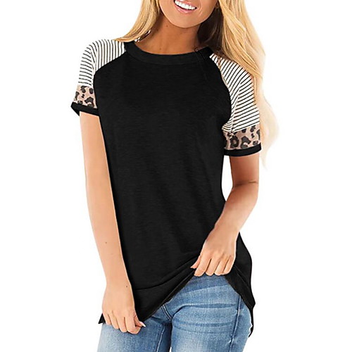 

Women's Color Block Patchwork Print Loose T-shirt Basic Daily Wine / Black / Blue / Purple / Fuchsia / Khaki / Green / Light gray