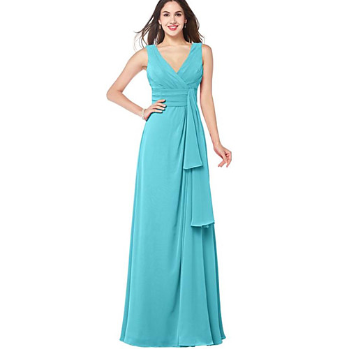 

A-Line Plunging Neck Floor Length Chiffon Bridesmaid Dress with Sash / Ribbon / Ruching