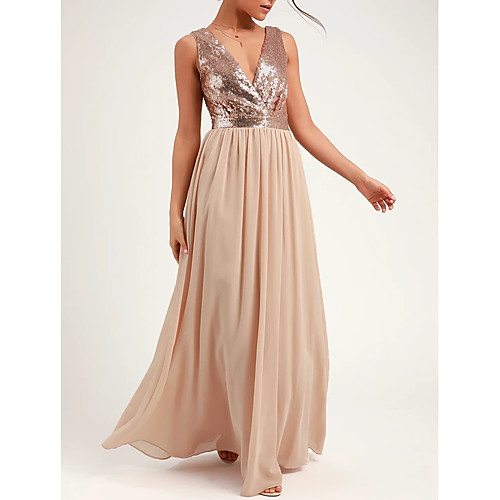 

A-Line Plunging Neck Floor Length Chiffon / Sequined Bridesmaid Dress with Pleats / Sequin