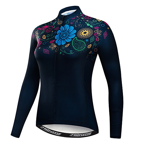 

21Grams Floral Botanical Women's Long Sleeve Cycling Jersey - Rough Black Bike Jersey Top UV Resistant Breathable Quick Dry Sports Winter Elastane Terylene Polyester Taffeta Mountain Bike MTB Road