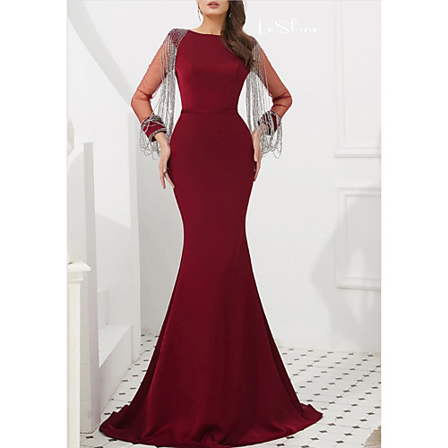 

Mermaid / Trumpet Elegant Formal Evening Dress Jewel Neck Long Sleeve Sweep / Brush Train Stretch Satin with Pleats 2021