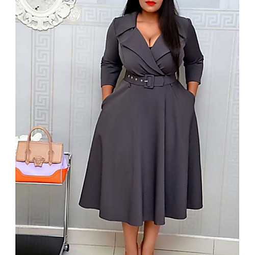 

Women's A Line Dress - 3/4 Length Sleeve Solid Colored Shirt Collar Basic Daily Wear Wine Yellow Gray S M L XL XXL XXXL