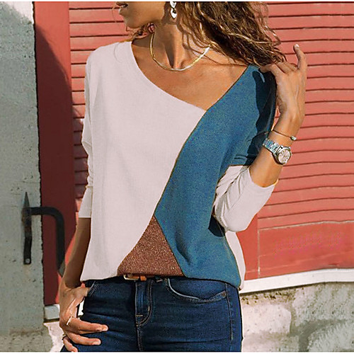 

Women's Plus Size Blouse Shirt Color Block Long Sleeve Round Neck V Neck Tops Basic Top Blue Red Yellow